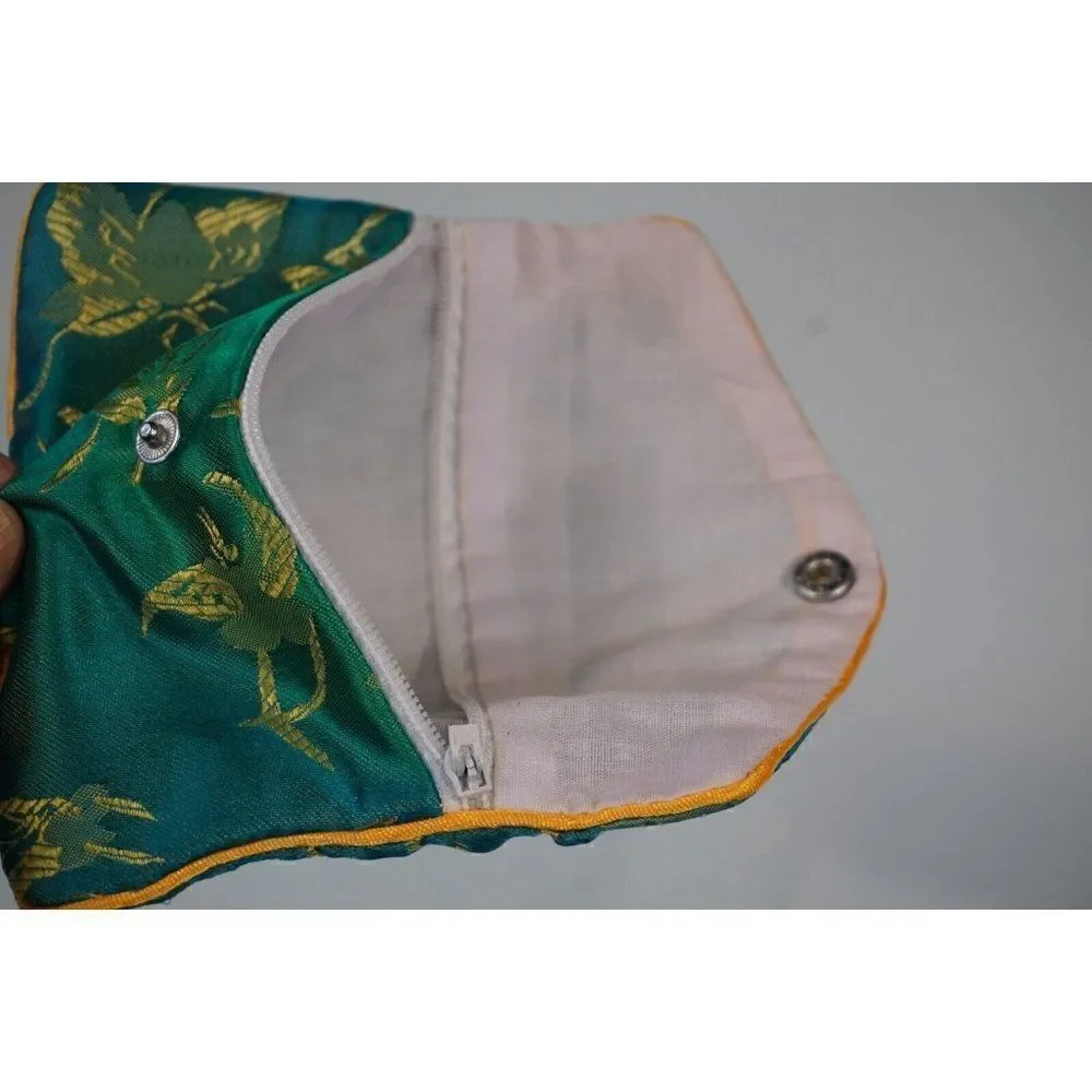 Vintage Yik Fun Jewelry Pouch Chinese Brocade Snap Button Zipper Blue Yellow